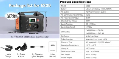 Obrázek produktu pro Přenosná powerbanka se solárním panelem – E200 – 151 Wh – střídavé napětí 230 V, 200 W – špičkový výkon 250 W – USB QC3.0 – stejnosměrné napětí 12 V/10 A