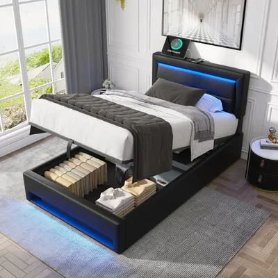 Produktbild von Flieks čalúnená posteľ 90x200cm s USB, hydraulická skriňová pružinová posteľ s LED diódou, úložná posteľ pre mladých s lamelovým roštom, drevená posteľ, PU, čierna