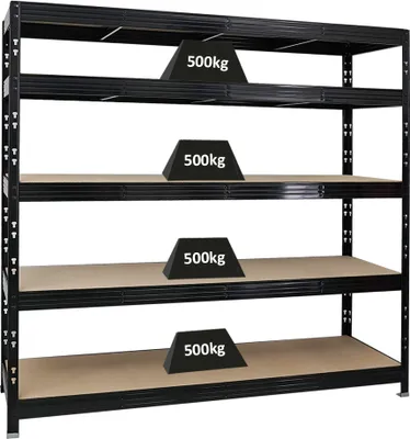 Produktbild von Profi Schwerlastregal RHINO | HxBxT 180x200x60cm | 5 Spanplatten-Ebenen 8mm | Fachlast 500kg | Schwarz