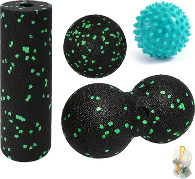 Produktbild von 4 Stück Faszienball Massageball Set, mit Faszienball, Peanut Massage Schwarz, Igelball Massageball, Faszienroller, Nacken und Rückenentlastung Selbstmassage-Ball für Faszienentspannung, Muskelkater
