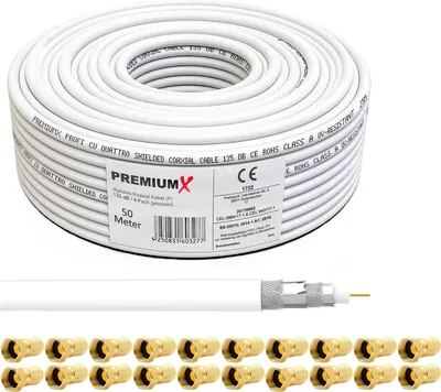 Produktbild von 50 Meter PremiumX DELUXE Koaxial Kabel 130dB 4-Fach geschirmt, Innenleiter 1,02mm REINES Kupfer  SAT Antennenkabel 50m 130 dB 135 120 50 + 20x F-Stecker 7,5mm