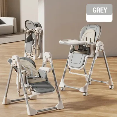 Image de Siège haute pour bébé 3-en-1 – chaise haute et transat – réglage de la hauteur sur 5 positions – plateau amovible en 2 parties – rembourré – pliable – roulettes verrouillables – gris