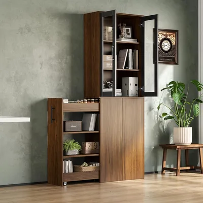 Image de Armoire étroite pour cuisine, dimensions 60 x 30 x 180 cm, couleur noire et naturelle
