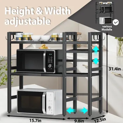 Image de Étagère de cuisine - Étagère de cuisson à 3 niveaux - Support pour micro-ondes - Acier inoxydable - Polyvalente - Noir