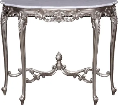 Produktbild von Casa Padrino Luxus Barock Konsole Silber / Weiß - Handgeferigter Massivholz Konsolentisch mit Marmorplatte - Barock Möbel
