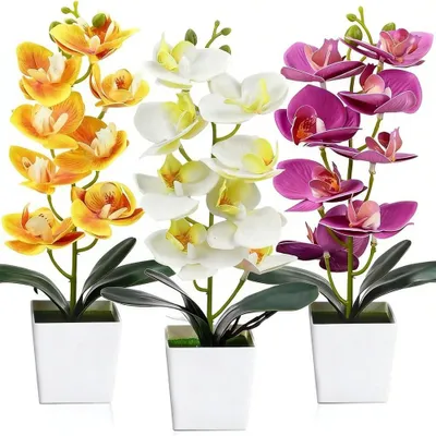 Image de Omgoods - Lot de 3 orchidées artificielles en pot, idéales pour la décoration