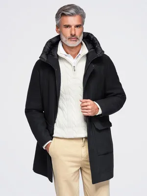 Image de Manteau OM-COWC-0161 de la marque OMBRE, coupe classique, avec capuche et tissu twill, couleur noire, taille M