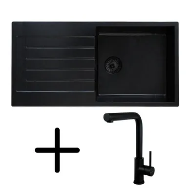 Produktbild von Caressi CAQPP850R10BK-EB Spüle, Einbau mit Küchenarmatur CABL003BKU. Schwarz.