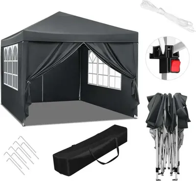 Image de BukkitBow - Tente de réception avec parois latérales - tente pliable - imperméable et résistant aux intempéries - pavillon de jardin - 300 x 300 cm - Gris