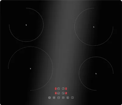 A top-down view of a black induction cooktop with four cooking zones and a control panel.
