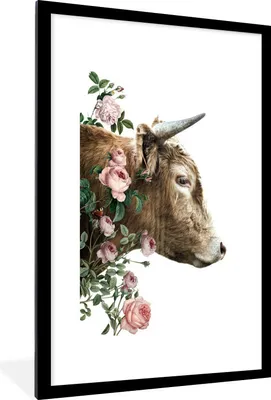 Produktbild von MuchoWow® MuchoWow® Gerahmtes Poster Schottisches Hochlandrind - Blumen - Rosa 60x90 cm - Poster mit zchwarzem Bilderrahmen - Dekoration - Wandposter Wohnzimmer - Hochwertig