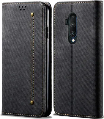 Produktbild von OnePlus 7T Pro Hülle, LaimTop Denim Leder Brieftasche Magnetverschluss Flip Bookstyle Schutzhülle mit Standfunktion für OnePlus 7T Pro Schwarz