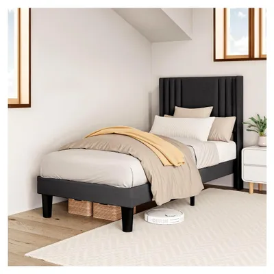 Produktbild von Polsterbett 90 x 200 cm, Einzelbett mit gepolstertem Kopfteil, stabilem Holzlattenrost und Metallrahmen, für das Schlafzimmer (Dunkelgrau)