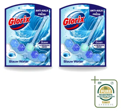 Obrázok produktu pre 2 ks čistiaceho prostriedku Glorix Power 5+ do toalety, modrá voda, s vôňou oceánu – balenie