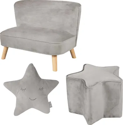 Produktbild von roba Bundle „Lil Sofa” inkl. Kindersofa, Sternenhocker, Dekokissen Stern in silbergrau