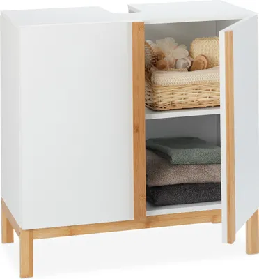 Produktbild von Relaxdays Waschbeckenunterschrank, 2 Fächer, Badschrank MDF & Bambus, Waschbeckenschrank HBT 60,5x60x30,5cm, Weiß/Natur