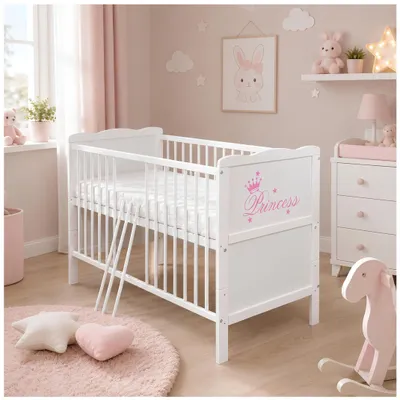 Produktbild von Baby-Delux Babybett Kinderbett 2in1 Princess Motiv 120x60 Weiß Beißschienen zum Schutz