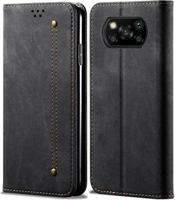 A black flip-style phone case for a Xiaomi Poco X3 NFC is shown.