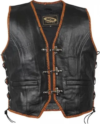 Produktbild von Herren Biker Lederweste Mit Orangen Kordeln MDM913 L