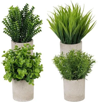 Image de Plantes artificielles, lot de 4, petites, plantes décoratives avec pot, en plastique, imitation, idéal pour la chambre, la salle de bain, la cuisine et la maison