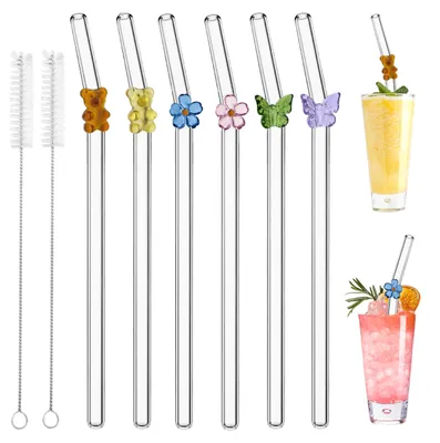 Produktbild von Set aus 6 gebogenen Trinkhalmen aus Glas mit 2 Reinigungsbürsten