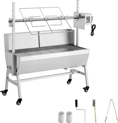 Obrázek produktu pro SucceBuy otočný gril 38 W s délkou grilu 94 cm, nosností 60 kg, 7polohovým nastavením výšky a ochrannou deskou, nerezový gril na dřevěné uhlí pro kempování a venkovní použití