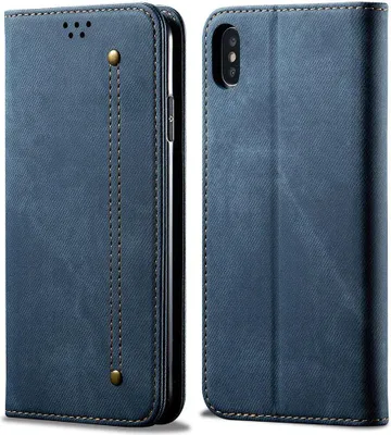 Produktbild von iPhone XS Case, iPhone X Hülle, LaimTop Denim Leder Brieftasche Magnetverschluss Flip Bookstyle Schutzhülle mit Standfunktion für iPhone XS / X Blau