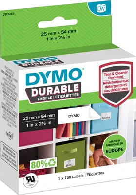 Produktbild von DYMO Original LabelWriter Hochleistungs-Etiketten | 25 mm x 54 mm | weißes Kunststoff-Etikett | Rolle mit 160 Etiketten | für LabelWriter-Beschriftungsgerät