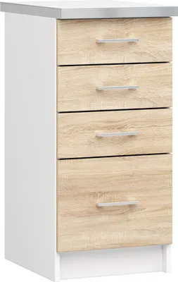A white and light brown kitchen cabinet with four drawers and a gray countertop.