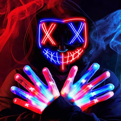 LED-Halloween-Maske mit Handschuhen, 3 Modi, rot/blau