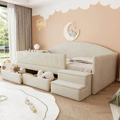 Obrázek produktu pro Dětská postel o rozměrech 90x190 cm, designovaná jako čalouněná postel se dvěma zásuvkami, schůdky a bočními zábranami, potažená sametovou látkou v béžové barvě, ideální do dětského pokoje