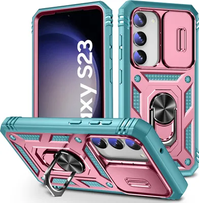 Produktbild von Galaxy S23 Hülle, Schiebe Kamera Schutz Robust Rüstung Schutzhülle mit Ringhalterung Ständer Kartenhalter für Samsung Galaxy S23 Pink