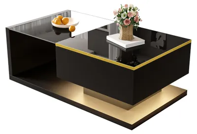 Obrázok produktu pre Čierny, lesklý konferenčný stolík, 90 cm, s sklenenou doskou a LED efektom, moderný dizajn