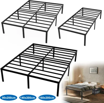 Three black metal bed frames of different sizes are shown against a white background, with a bedroom scene in the lower right corner.
