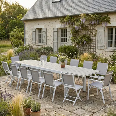 Image de Ensemble de jardin aluminium 10/14 places extensible TULUM avec 10 fauteuils et 4 chaises