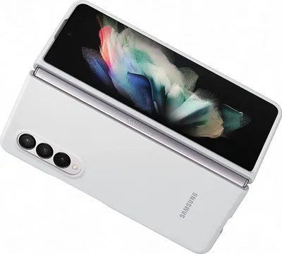 A white Samsung Galaxy Z Fold3 phone case is shown from a diagonal angle, with the phone inside.