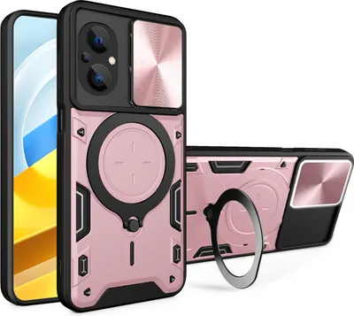 Produktbild von Handyhülle für Xiaomi Poco M5 Dual-Layer Stoßfest Rüstung Hülle mit Dia Kameraschutz und Kreisförmig Ring Ständer Roségold