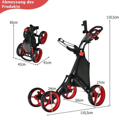 Productafbeelding van Golftrolley 4-wiel golftrolley golfkar golf opvouwbaar golfcaddy golf duwkar gemaakt van aluminium rood