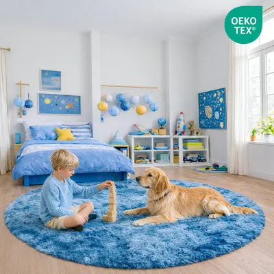 Productafbeelding van Rond vloerkleed 120 cm, pauwblauw, hoogpolig, wasbaar, antislip, voor woonkamer
