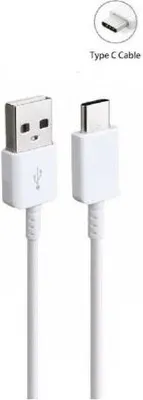 A white USB-C charging cable with a standard USB-A connector on one end and a USB-C connector on the other. A small circular inset shows a close-up of the USB-C connector.