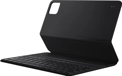 A black keyboard case for a tablet is shown from a side-angle.