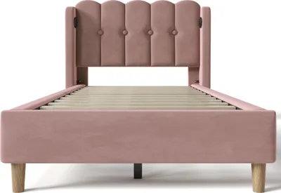Produktbild von Flieks Polsterbett 90x200cm mit USB und Typ C, Jugendbett Kinderbett mit Lattenrost, Einzelbett Holzbett Klassische Betten, Samt, Rosa