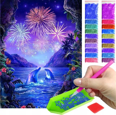 Produktbild von ARTULIO - Diamond Painting Set - Delfine bei Nacht mit Feuerwerk über dem Ozean - 40 x 30 cm - Bilder DIY, 5D Diamant Painting, Komplettset Mosaik + Zubehör
