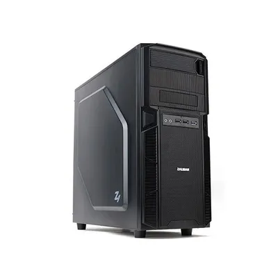 A black computer tower case is shown against a white background.