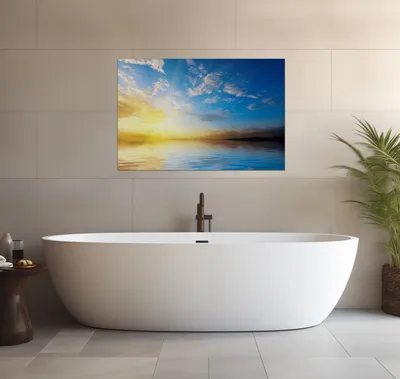 Produktbild von Wallario wasserfestes Poster selbstklebend 91,50 x 61 cm, Sonnenuntergang über dem Meer I, Badezimmerposter Spritzschutz mit Hochglanzoberfläche in Glasoptik