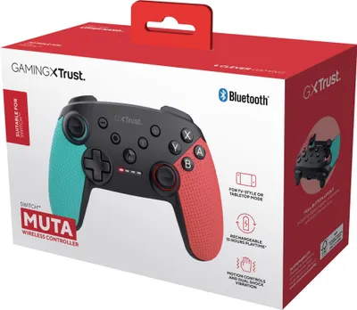 Zdjęcie produktu dla Trust GXT 1246B Muta, Gamepad, Nintendo Switch, Nintendo Switch Lite, D-pad, Przycisk Select, Przycisk start, Bezprzewodowy, Bluetooth, Czarny, Niebieski, Czerwony
