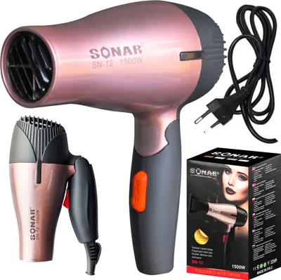 A product shot of a Sonar brand foldable hair dryer, its packaging, and a power cord.