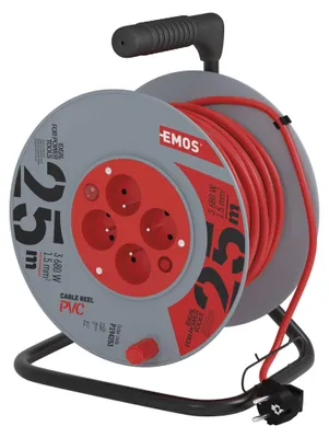 Prodlužovací kabel na bubnu 25 m / 4 zás. / s vypínačem / červený / PVC / 230V / 1,5 mm2