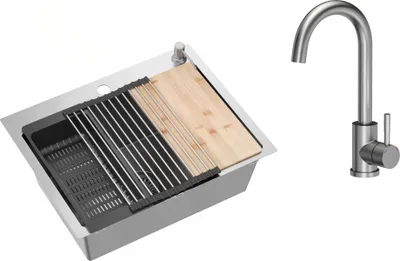 Produktbild von VBChome Edelstahlspüle mit Armatur 58 x 45 cm Gebürsteter Edelstahl Zubehörset Spender Schneidbrett Rollmatte Faltbarer Abtropfständer Siphon