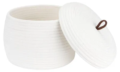 Image de Panier rond de rangement avec couvercle, en corde de coton, dimensions 25,4 x 19 cm, couleur blanche